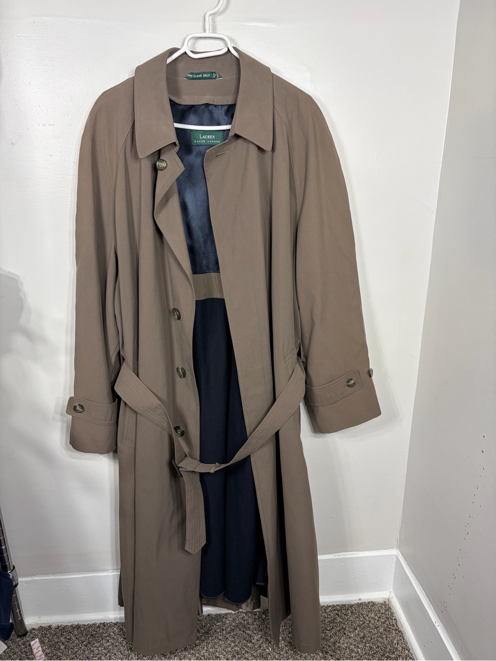 Lauren Ralph Lauren Trench Coat 42R Taupe Belted Long Coat Removable Liner Mens